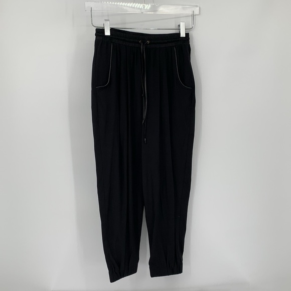 Ramy Brook Alston stretch silk jogger pants black cropped leather trim Small - Picture 2 of 6